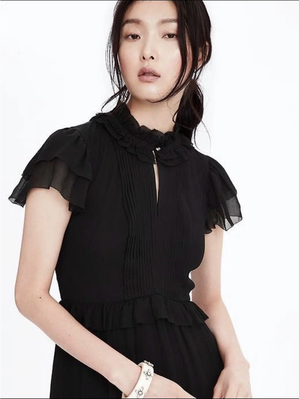 Banana‎ Republic Heritage 100% Silk Pleated Ruffle Neck Dress Black 0 Academia